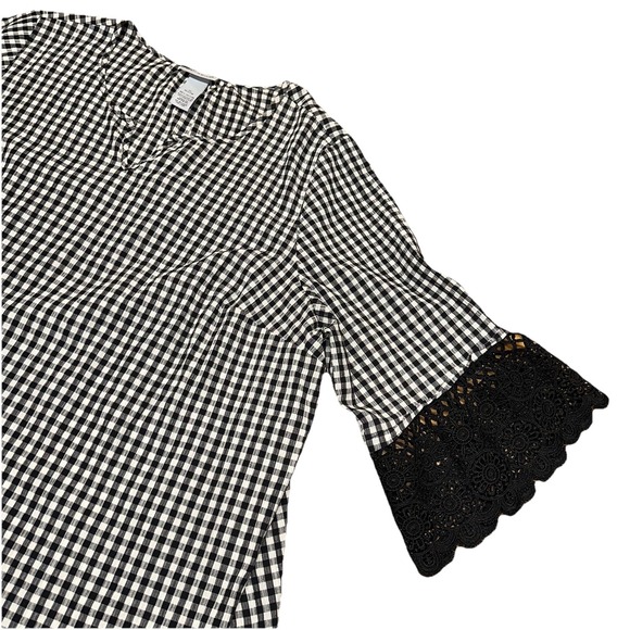 Catherines Popover Blouse Cotton Black White Gingham Plaid 3/4 Lace Sleeves 1X - Picture 1 of 7